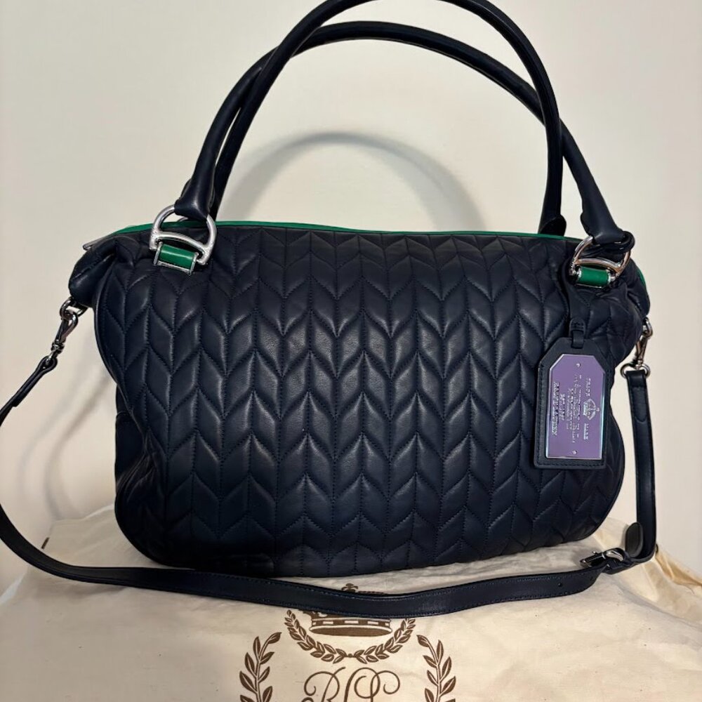 RALPH LAUREN Navy/Green Quilted Leather Bag with Dust Bag - Excellent Condition - Picture 8 of 16